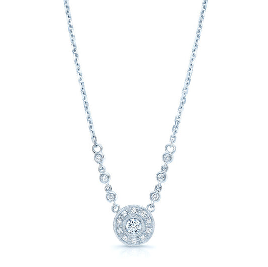 Diamond Round Halo Necklace With Milgrain Detail And Chain Beading In 14k White Gold (0.20ct Center)