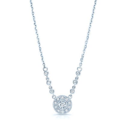 Diamond Round Halo Necklace With Milgrain Detail And Chain Beading In 14k White Gold (0.20ct Center)
