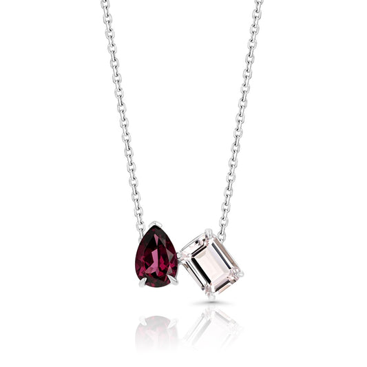 Rhodolite Garnet and Morganite Toi et Moi Necklace in 14k White Gold