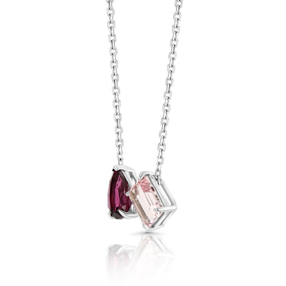 Rhodolite Garnet and Morganite Toi et Moi Necklace in 14k White Gold