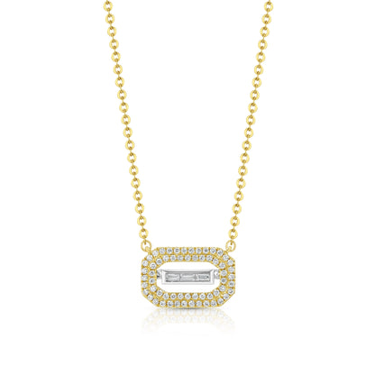 Baguette and Round Diamond East West Paper Clip Necklace in 14K Two Tone Gold 1/3ctw