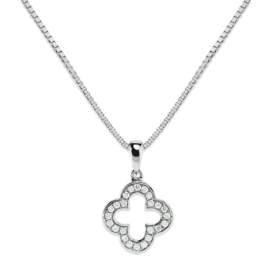Diamond Clover Pave Pendant In 14k White Gold (18 Inch Rolo)