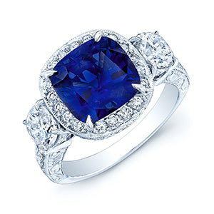 Sapphire And Diamond Cushion Halo 3-stone Ring With Pave And Millgrain Detail In Platinum