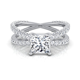 2 1/4CTW PRINCESS CUT DIAMOND ENGAGEMENT RING WITH CROSSOVER PAVE SHANK IN 14K WHITE GOLD, IGI-CERTIFIED Size 8