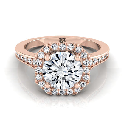 Diamond Engagement Ring with Octagon Halo Frame with Pave Shank in 14K Rose Gold, Setting Only, Center Round Cz 7.40mm, Finger | Carl K. Gumpert