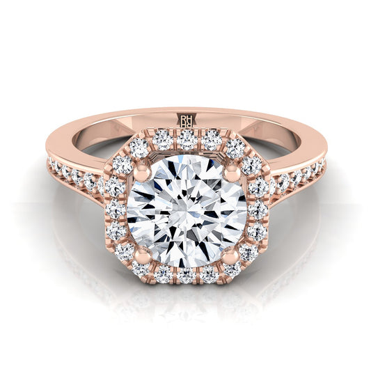 Diamond Engagement Ring with Octagon Halo Frame with Pave Shank in 14K Rose Gold, Setting Only, Center Round Cz 7.40mm, Finger | Carl K. Gumpert