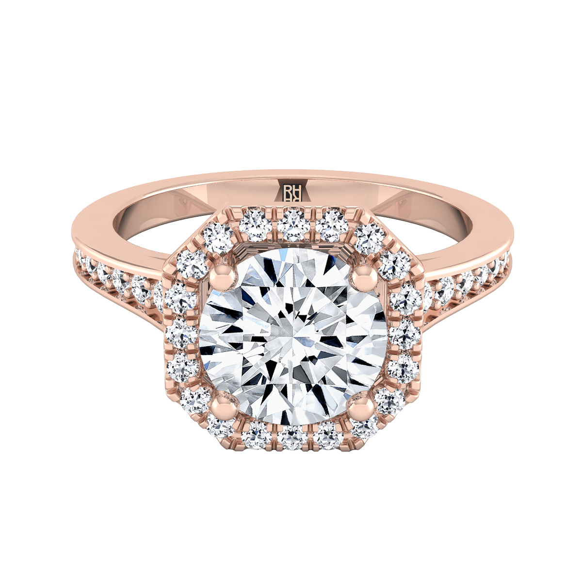 Diamond Engagement Ring with Octagon Halo Frame with Pave Shank in 14K Rose Gold, Setting Only, Center Round Cz 7.40mm, Finger | Carl K. Gumpert