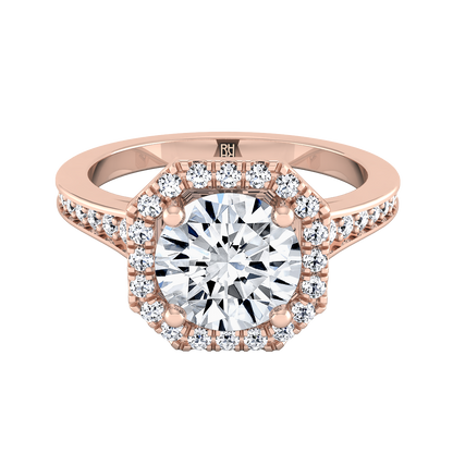 Diamond Engagement Ring with Octagon Halo Frame with Pave Shank in 14K Rose Gold, Setting Only, Center Round Cz 7.40mm, Finger | Carl K. Gumpert