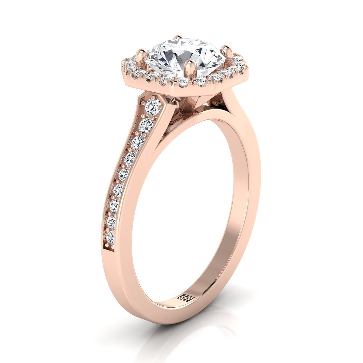 Diamond Engagement Ring with Octagon Halo Frame with Pave Shank in 14K Rose Gold, Setting Only, Center Round Cz 7.40mm, Finger | Carl K. Gumpert
