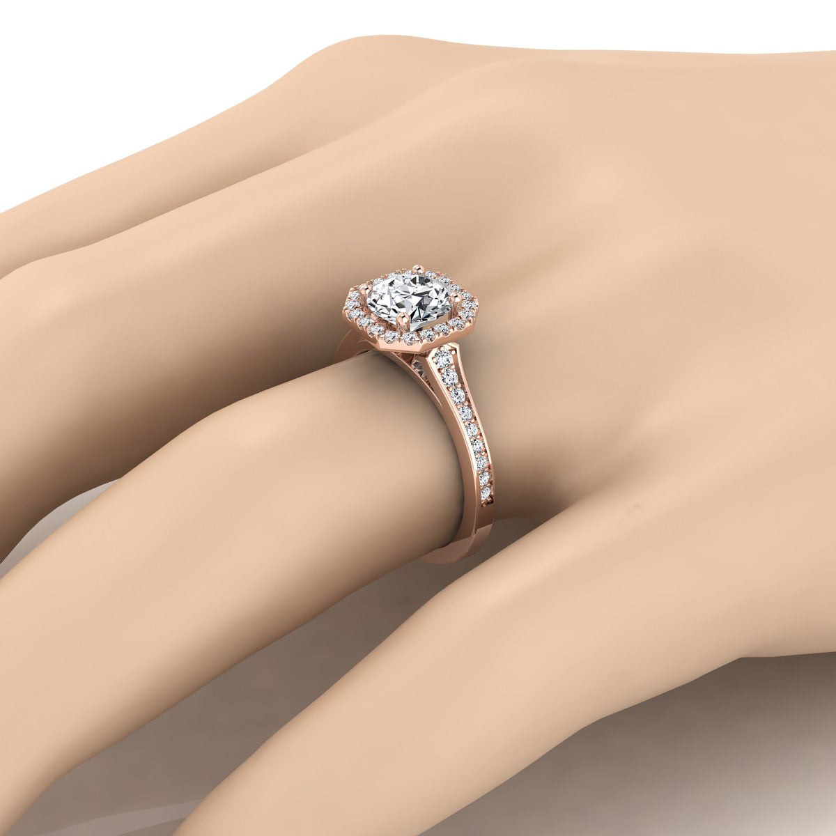 Diamond Engagement Ring with Octagon Halo Frame with Pave Shank in 14K Rose Gold, Setting Only, Center Round Cz 7.40mm, Finger | Carl K. Gumpert