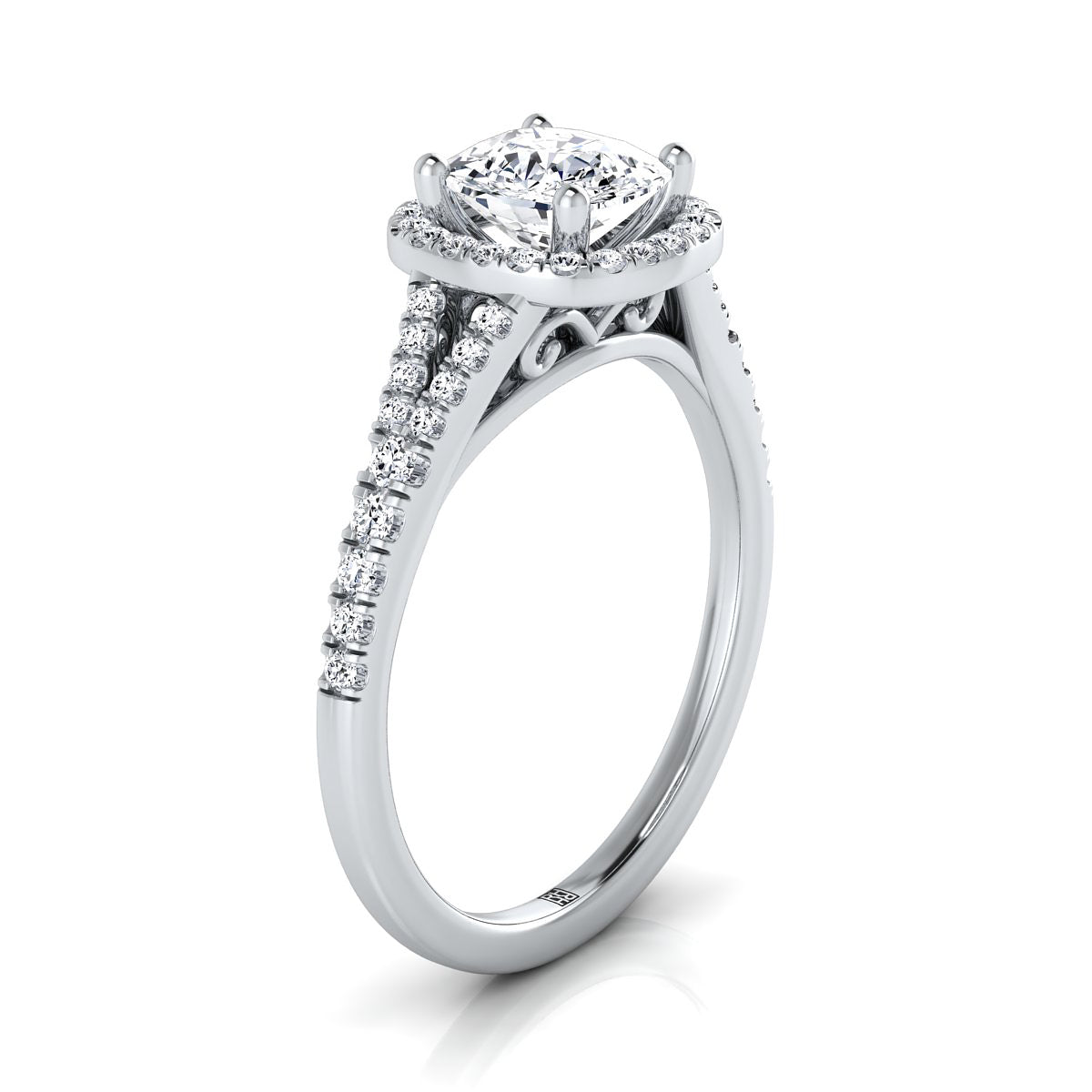 Cushion Cut Diamond Halo Engagement Ring with Scroll Gallery in 18K White Gold, Center 1.41ct Cushion Cut Diamond J/Vs1, Gia 2344772436, Client: Con.