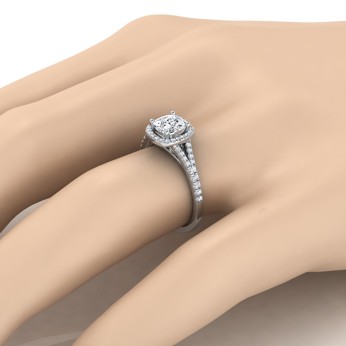 Cushion Cut Diamond Halo Engagement Ring with Scroll Gallery in 18K White Gold, Center 1.41ct Cushion Cut Diamond J/Vs1, Gia 2344772436, Client: Con.