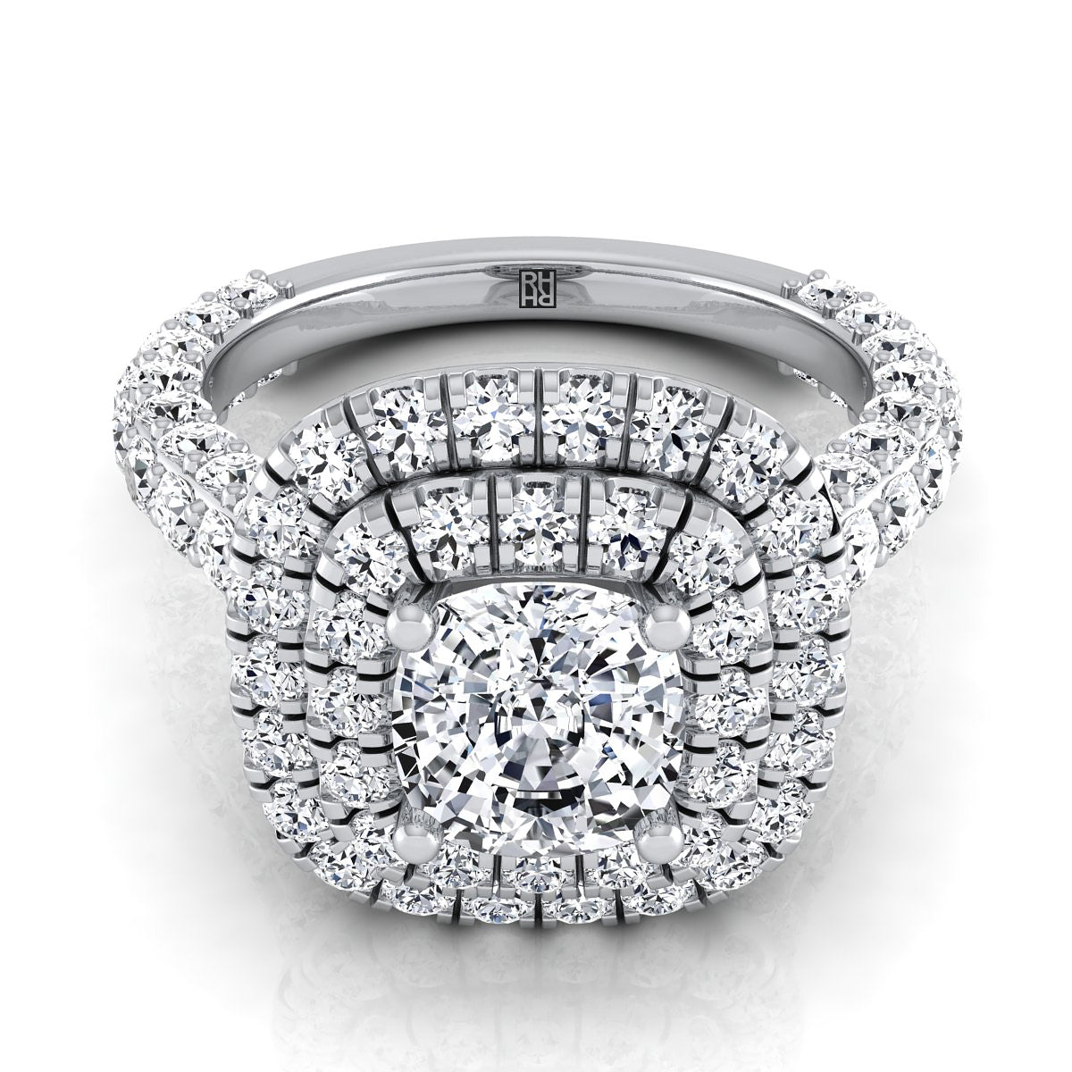 Bold & Fancy Double Halo French Pave Engagement Ring-2ctw, Client: Philip Shultz in 14K White Gold | Carl K. Gumpert