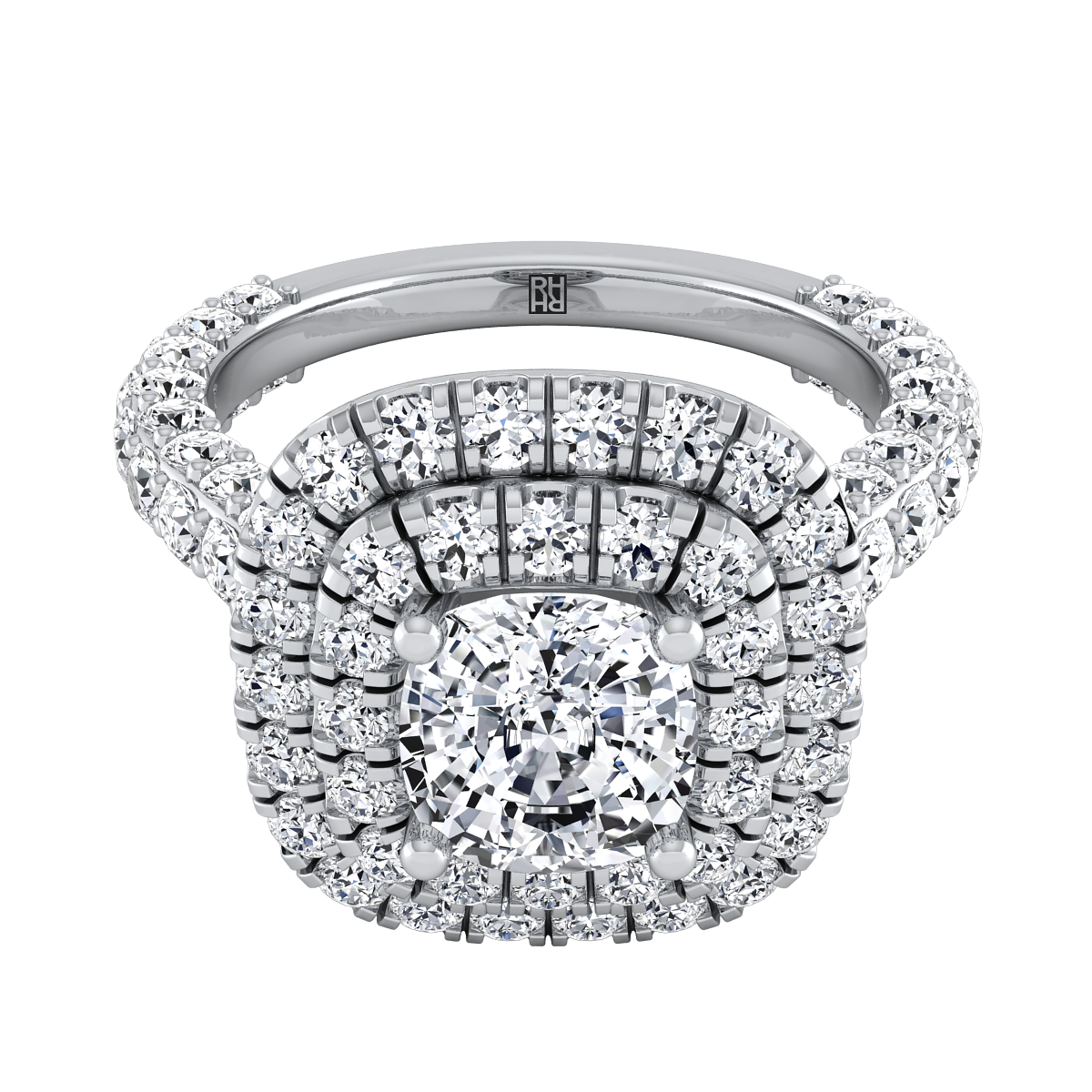 Bold & Fancy Double Halo French Pave Engagement Ring-2ctw, Client: Philip Shultz in 14K White Gold | Carl K. Gumpert