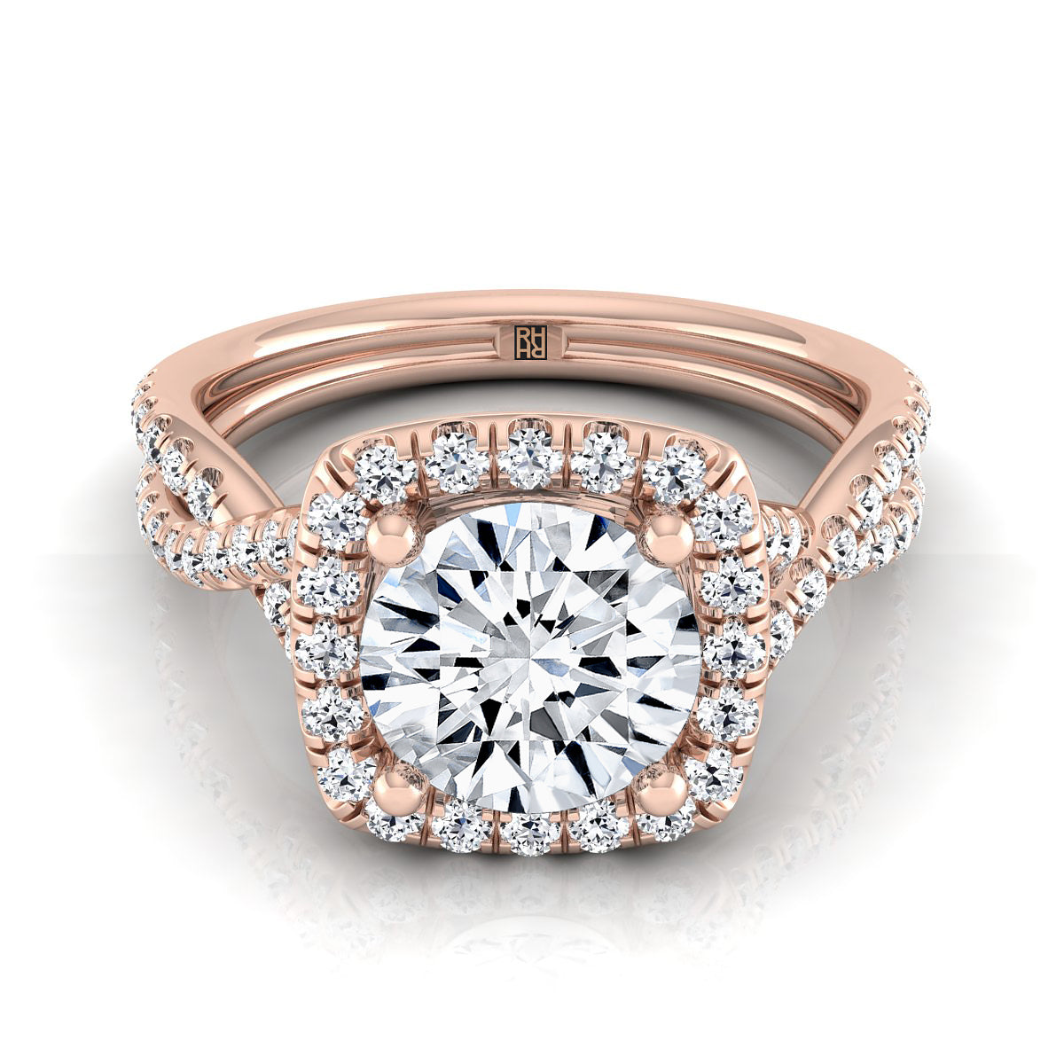 Diamond Square Halo Engagement Ring with Twisted Pave Shank in 14K Rose Gold -Client D. Yang- Gia Cert No. 6315131772 0.23ctw | Carl K. Gumpert