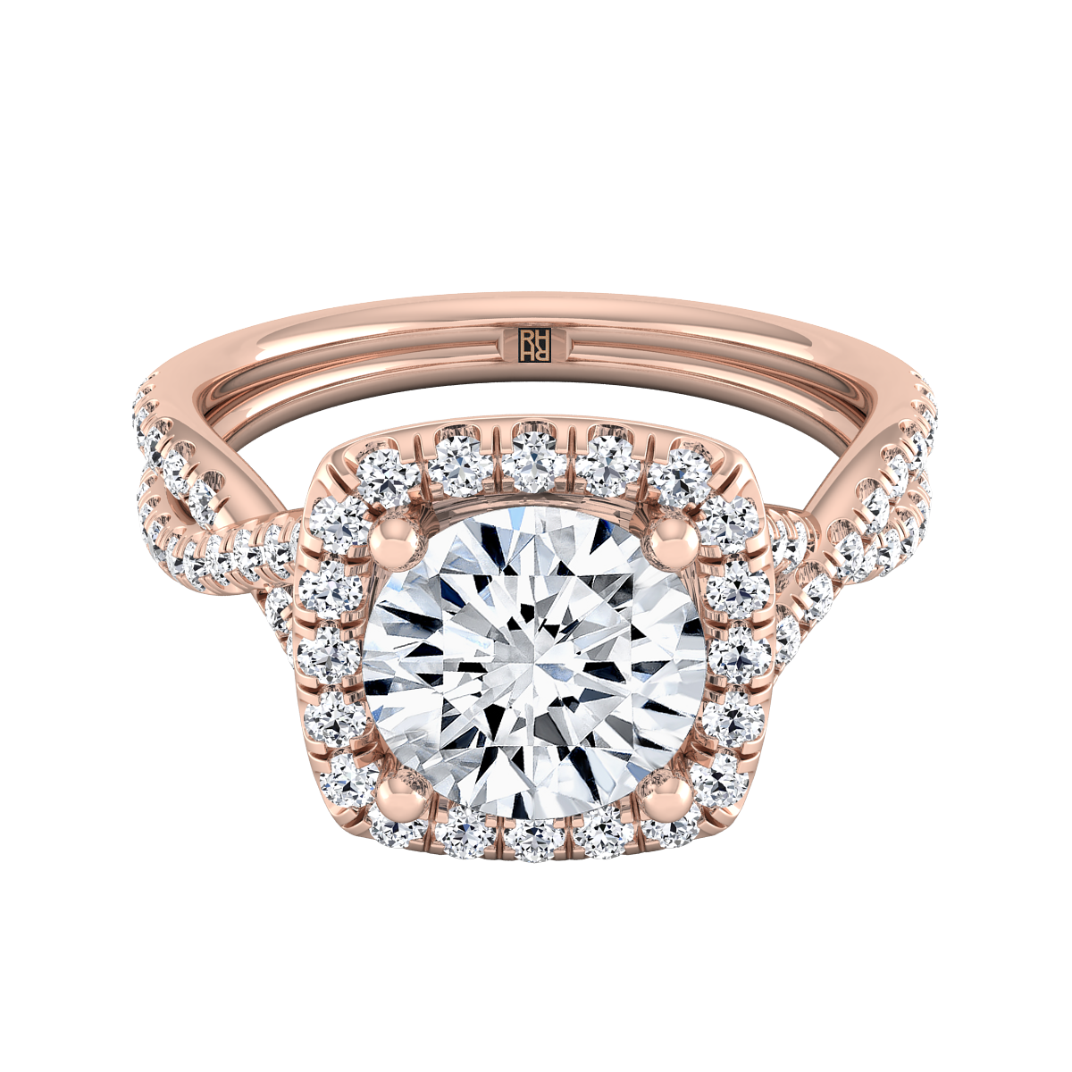 Diamond Square Halo Engagement Ring with Twisted Pave Shank in 14K Rose Gold -Client D. Yang- Gia Cert No. 6315131772 0.23ctw | Carl K. Gumpert