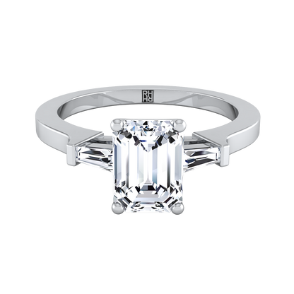 Diamond Engagement Ring with Emerald Cut Cz Center & Tapered Baguette Side Stones in 14K White Gold | Carl K. Gumpert
