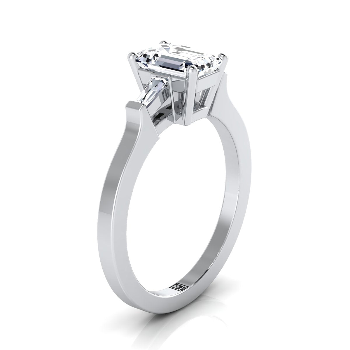 Diamond Engagement Ring with Emerald Cut Cz Center & Tapered Baguette Side Stones in 14K White Gold | Carl K. Gumpert