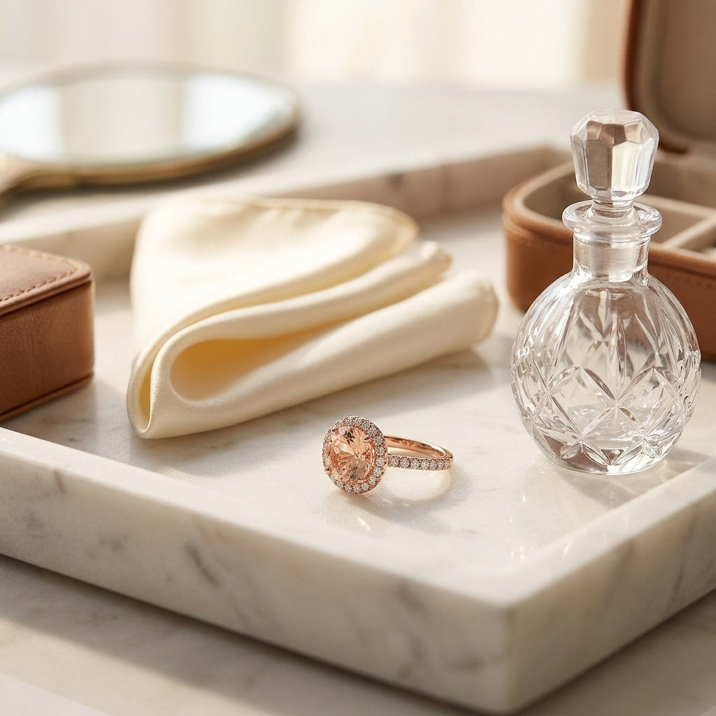 Morganite and Diamond Round Halo Ring with Pave Shank in 18k Rose Gold (8mm) — marble silk