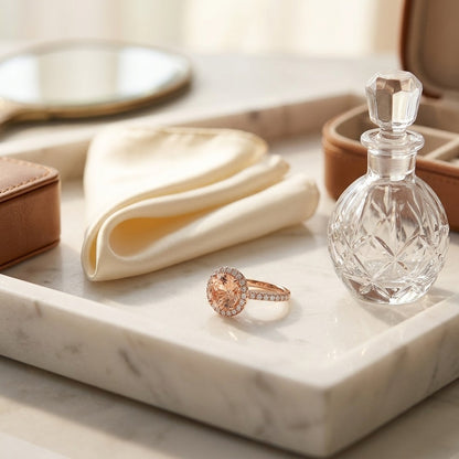 Morganite and Diamond Round Halo Ring with Pave Shank in 18k Rose Gold (8mm) — marble silk