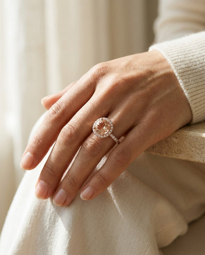 Morganite and Diamond Round Halo Ring with Pave Shank in 18k Rose Gold (8mm) — portrait close