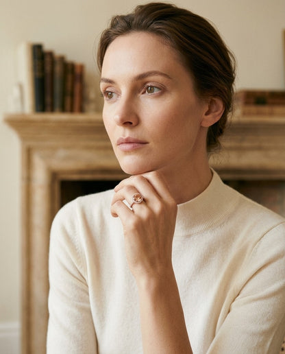 Morganite and Diamond Round Halo Ring with Pave Shank in 18k Rose Gold (8mm) — portrait full