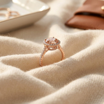 Morganite and Diamond Round Halo Ring with Pave Shank in 18k Rose Gold (8mm) — textile flat lay