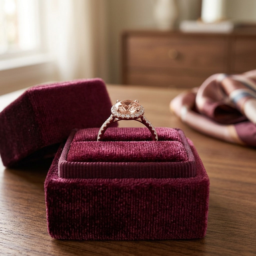 Morganite and Diamond Round Halo Ring with Pave Shank in 18k Rose Gold (8mm) — velvet box