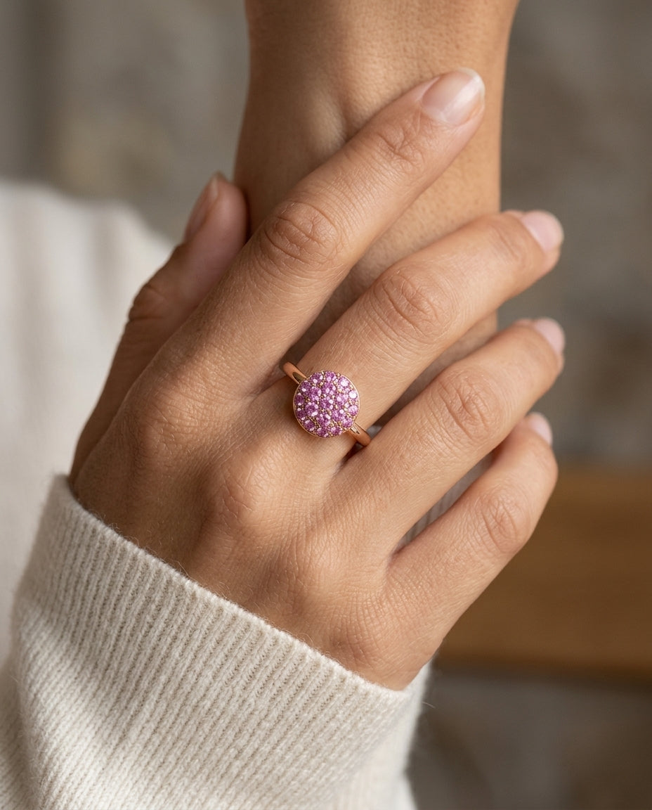 Pink Sapphire Puff Pave Domed Cluster Ring In 18k Rose Gold — editorial close-up