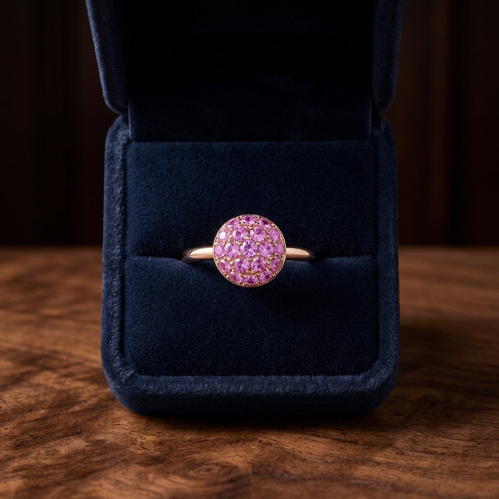 Pink Sapphire Puff Pave Domed Cluster Ring In 18k Rose Gold — gift presentation