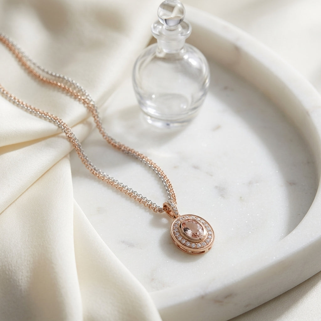 Morganite And Diamond Oval Pendant In 18k Rose Gold (16-in Rolo Chain) — atelier still life