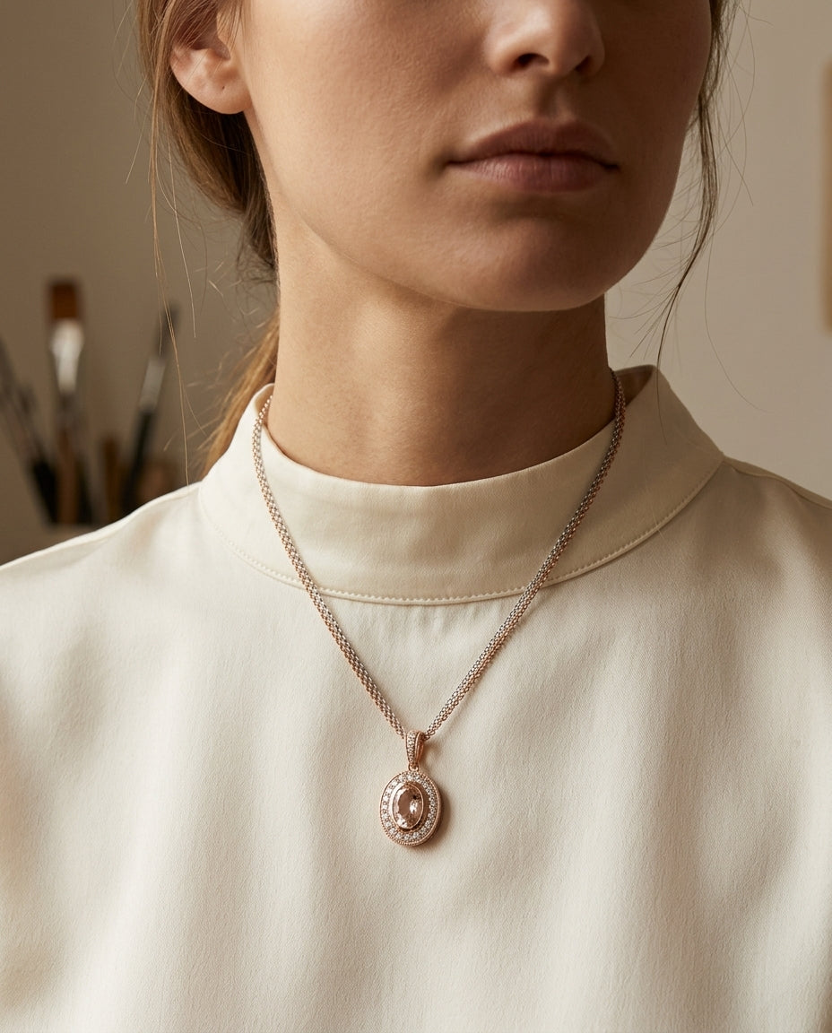 Morganite And Diamond Oval Pendant In 18k Rose Gold (16-in Rolo Chain) — editorial close-up