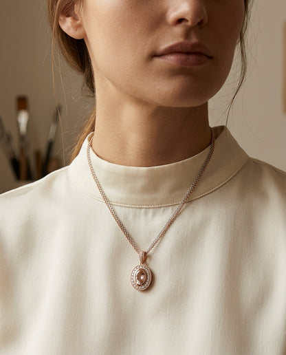 Morganite And Diamond Oval Pendant In 18k Rose Gold (16-in Rolo Chain) — editorial close-up