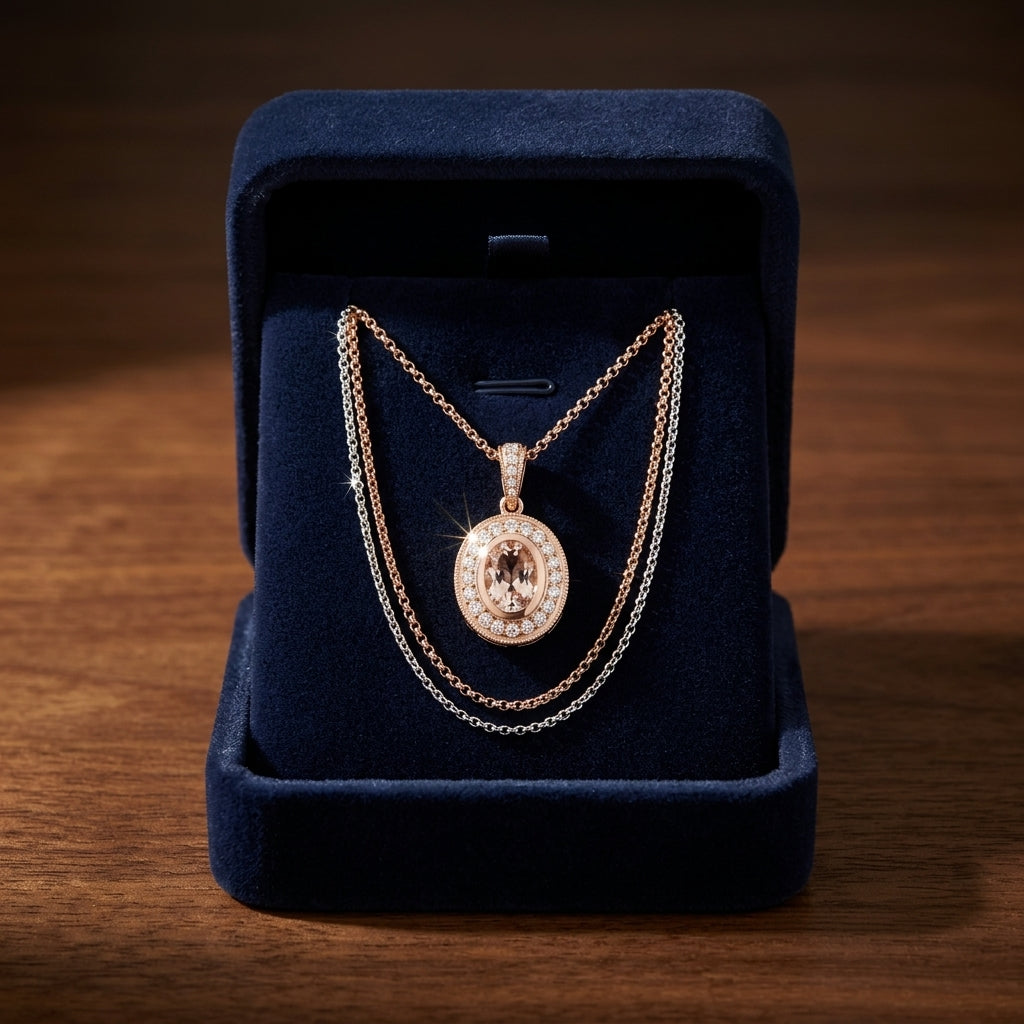Morganite And Diamond Oval Pendant In 18k Rose Gold (16-in Rolo Chain) — gift presentation