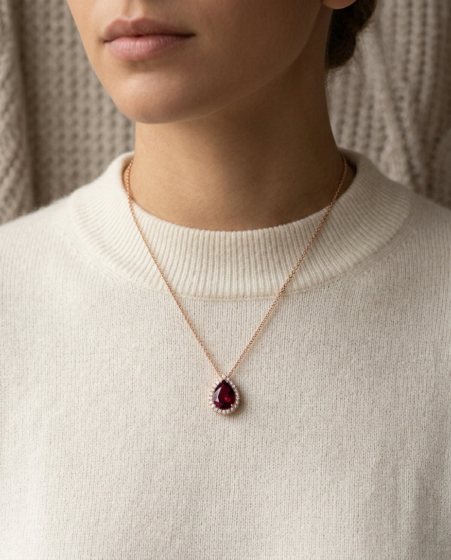 18k Rose Gold Rhodolite Garnet And Diamond Pendant — editorial close-up