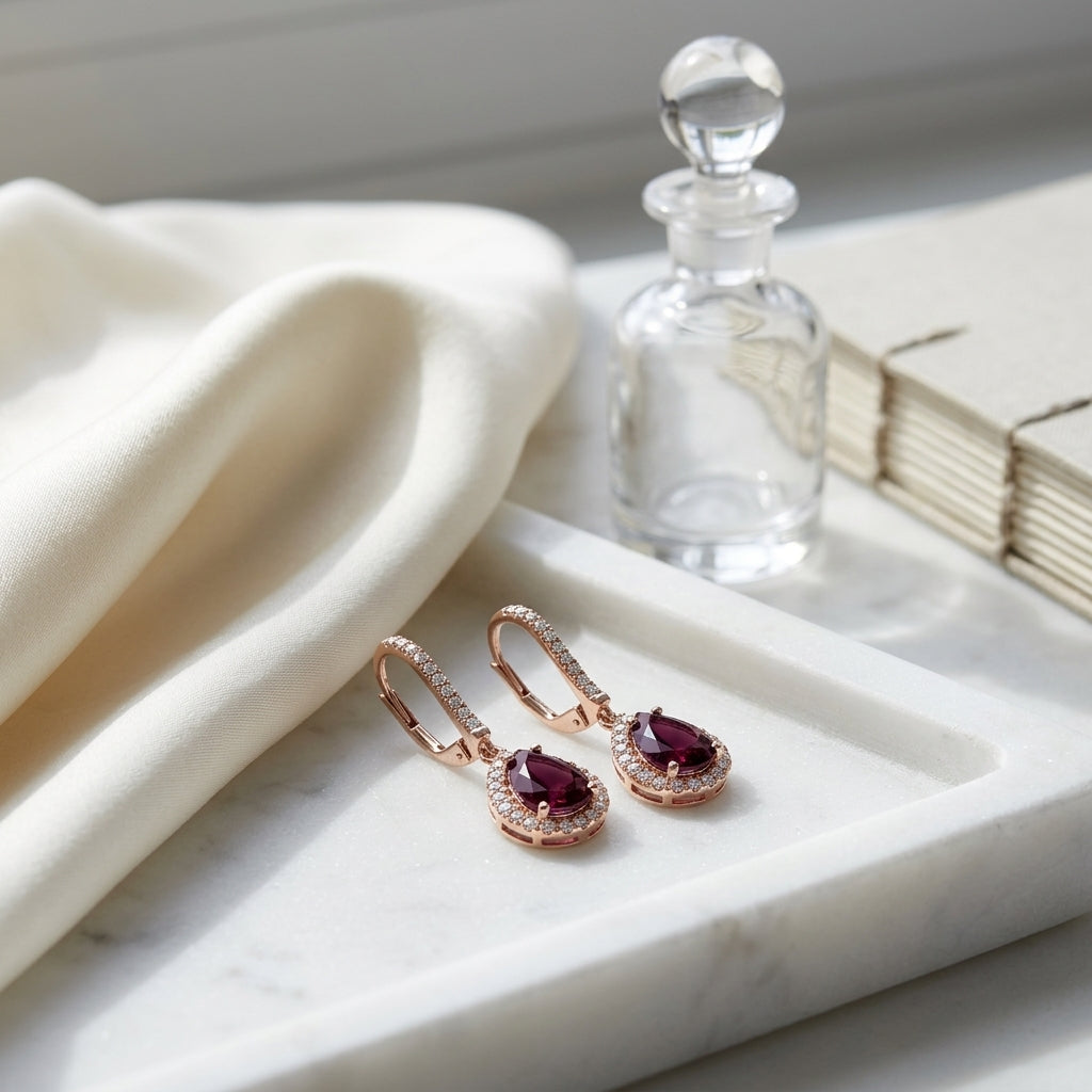 18k Rose Gold Rhodolite Garnet And Diamond Earrings — atelier still life