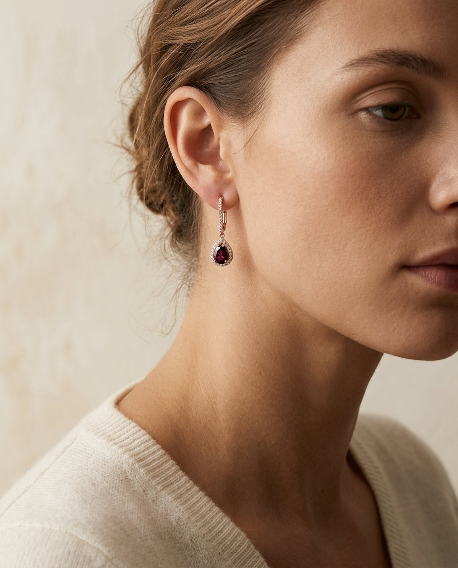 18k Rose Gold Rhodolite Garnet And Diamond Earrings — editorial close-up
