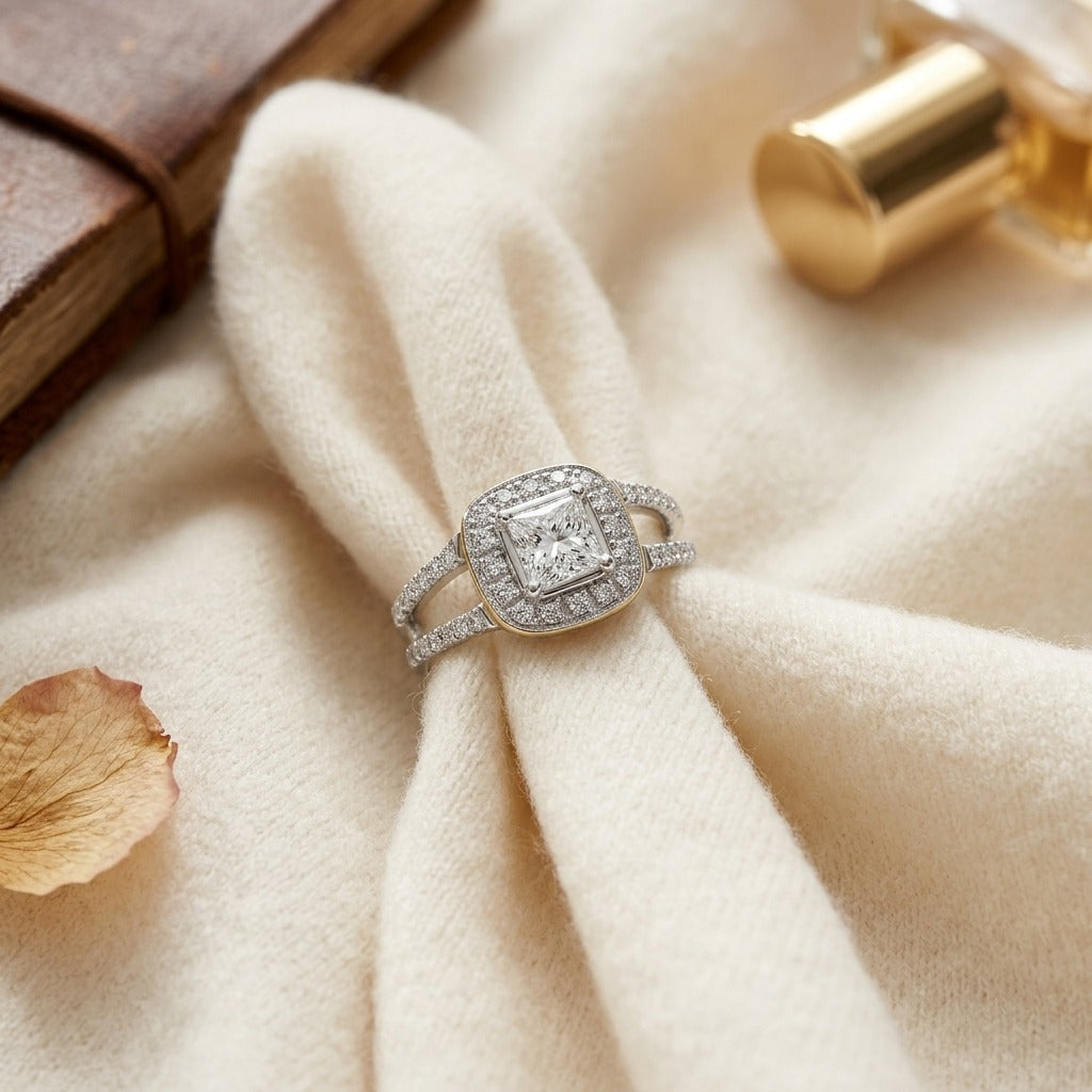 Princess Cut Diamond Engagement Ring in 18k Two Tone Gold (1 5/8 Ct. Tw.) — textile flat lay
