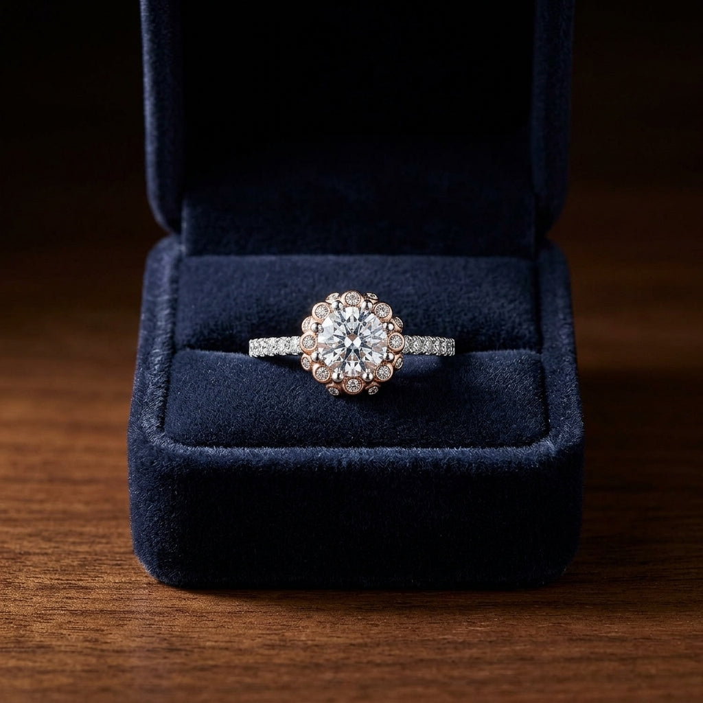 Diamond Engagement Ring With Bezel-set Bubble Collar In 18k Rose And White Gold (1ct Round Cz Ctr) — gift presentation