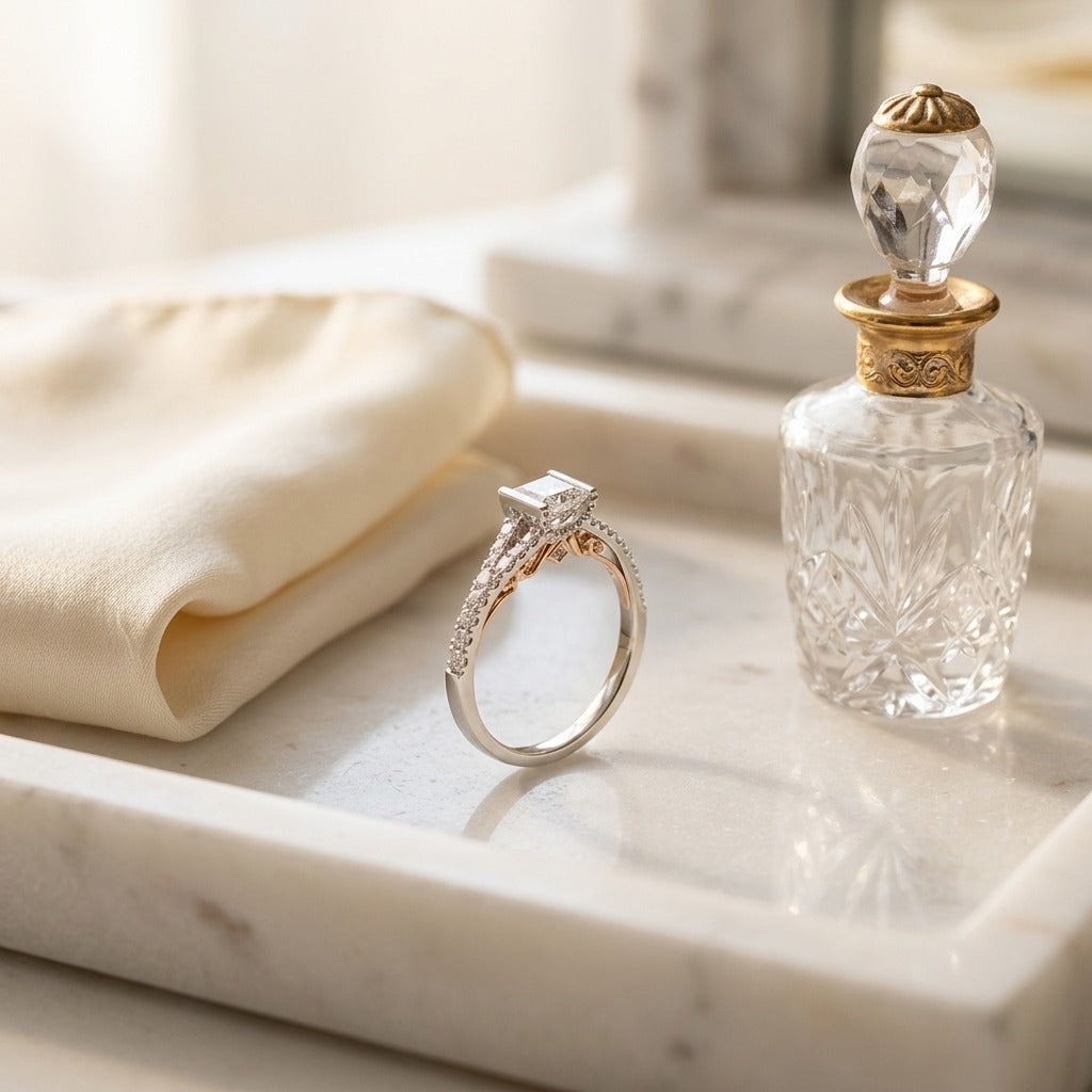 Diamond Engagement Ring with 4.50mm Cz Center in 18k Two Tone Gold (1/3 Ct.tw.) — marble silk
