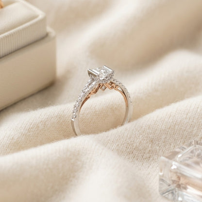 Diamond Engagement Ring with 4.50mm Cz Center in 18k Two Tone Gold (1/3 Ct.tw.) — textile flat lay
