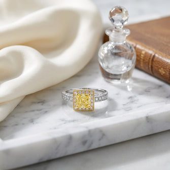 Prong Set Gia Certified Fancy Yellow Radiant Cut Diamond Engagement Ring In 18k Two Tone Gold — atelier still life