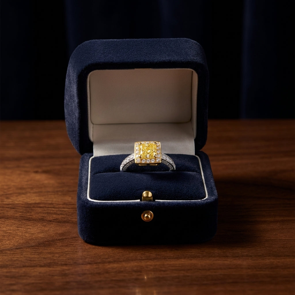 Prong Set Gia Certified Fancy Yellow Radiant Cut Diamond Engagement Ring In 18k Two Tone Gold — gift presentation