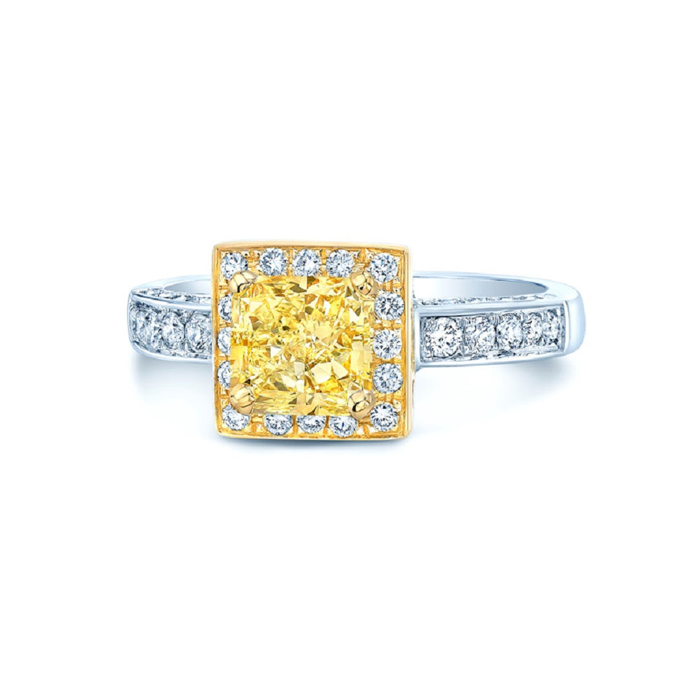 Prong Set Gia Certified Fancy Yellow Radiant Cut Diamond Engagement Ring In 18k Two Tone Gold