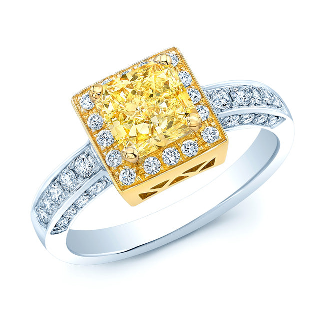 Prong Set Gia Certified Fancy Yellow Radiant Cut Diamond Engagement Ring In 18k Two Tone Gold