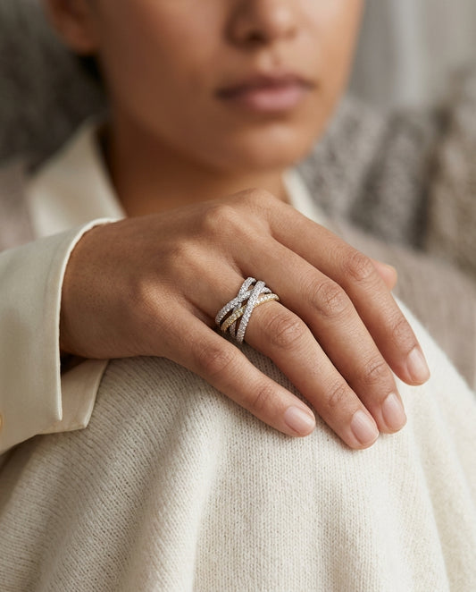Diamond Pave Multi-row Criss Cross Ring In 18k White And Yellow Gold — editorial close-up