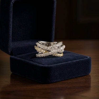 Diamond Pave Multi-row Criss Cross Ring In 18k White And Yellow Gold — gift presentation