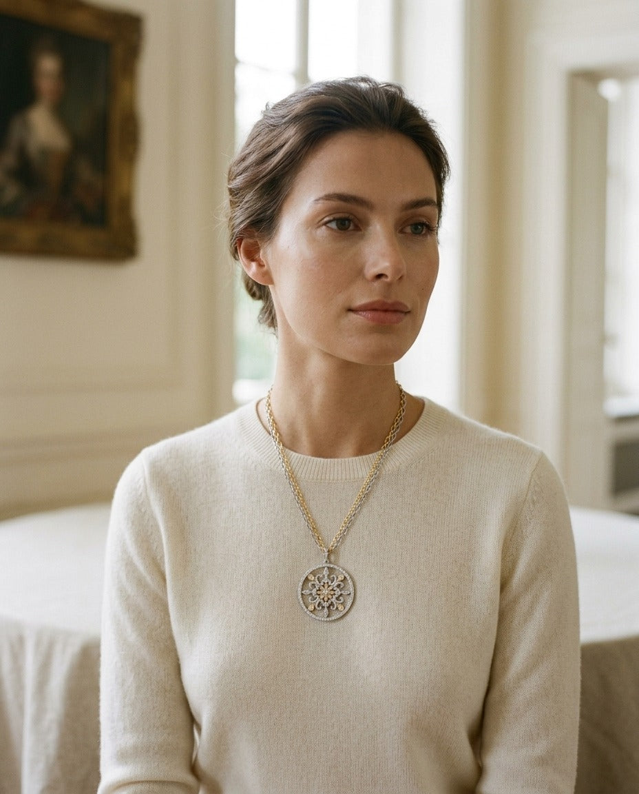 Fleur Di Lis Diamond Circle Pendant In 18k Two Tone Gold — portrait close