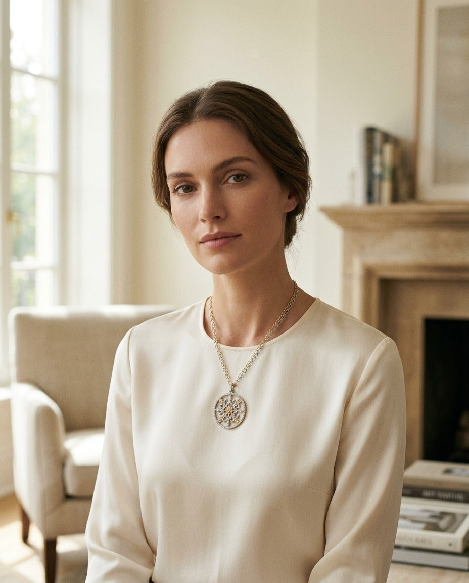 Fleur Di Lis Diamond Circle Pendant In 18k Two Tone Gold — portrait full