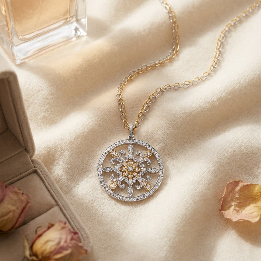 Fleur Di Lis Diamond Circle Pendant In 18k Two Tone Gold — textile flat lay